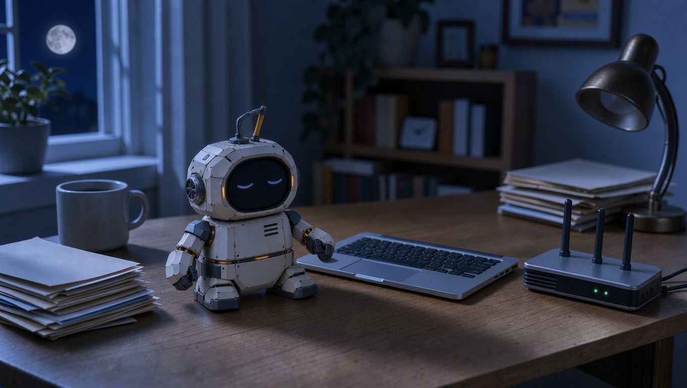 The little robot asleep beside the closed laptop