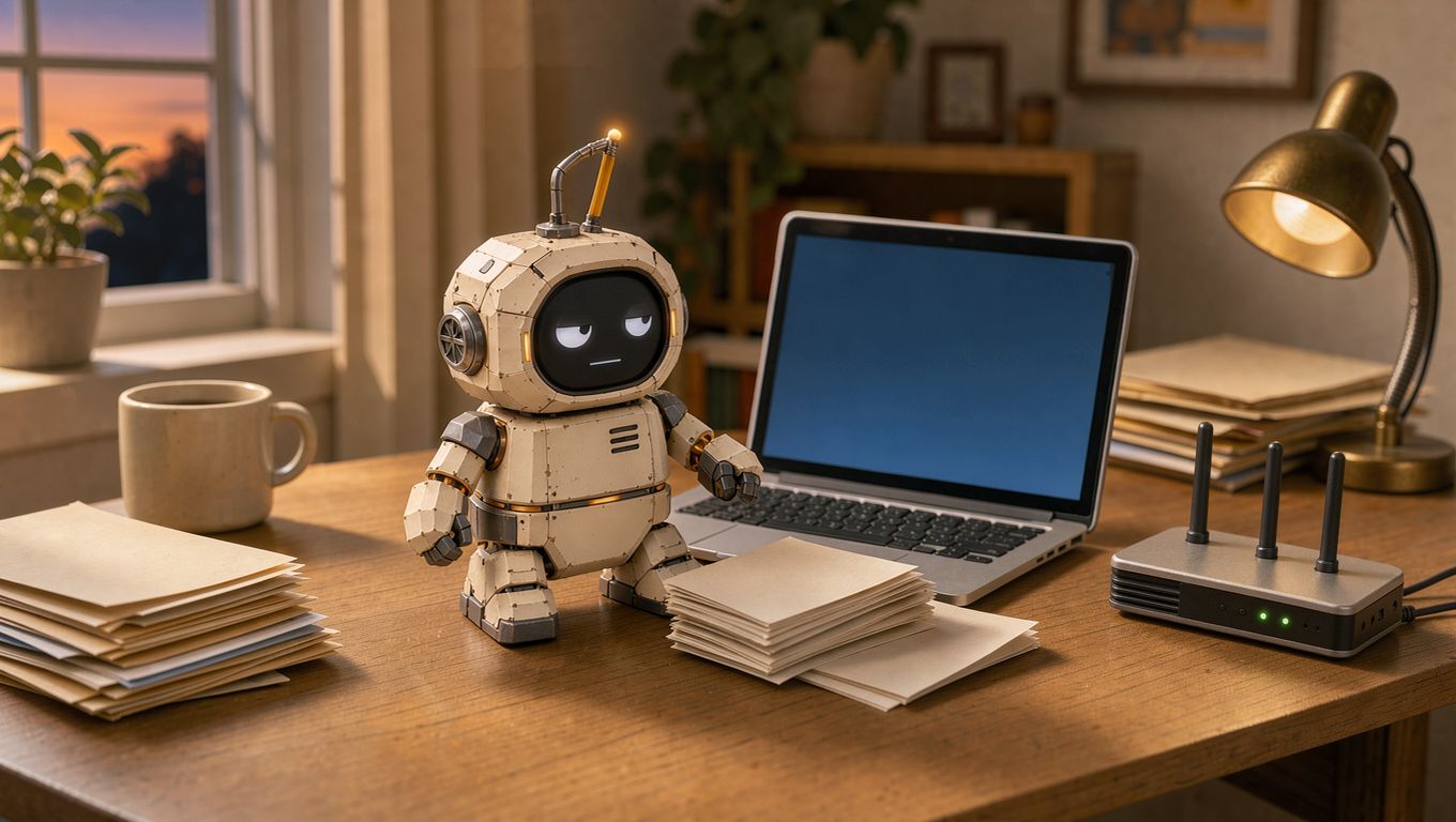 The little robot working at the open laptop
