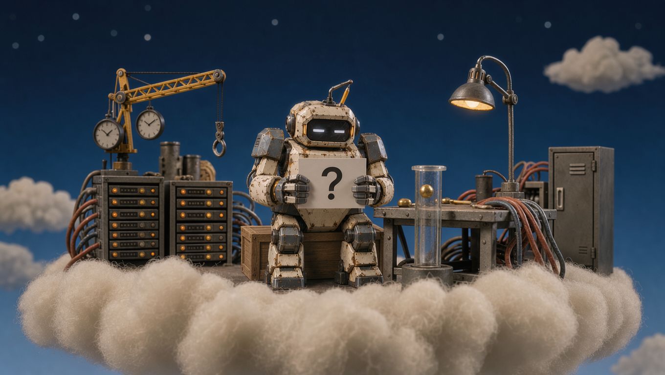The big robot holding up a card with a question mark